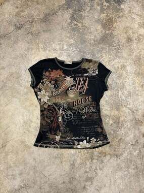 Vintage Y2K Top With Rhinestones Blue Canyon Broadway & Tea House Graphic